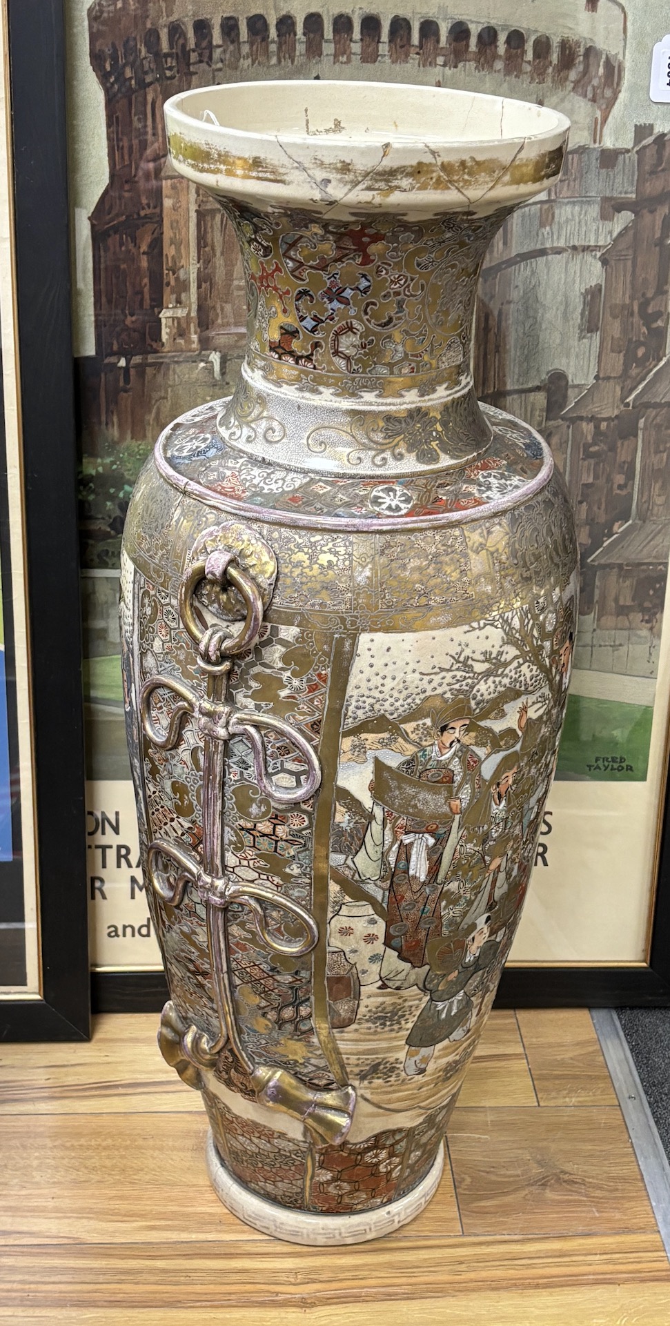 A massive Japanese Satsuma pottery vase, 89cm high (neck repaired)